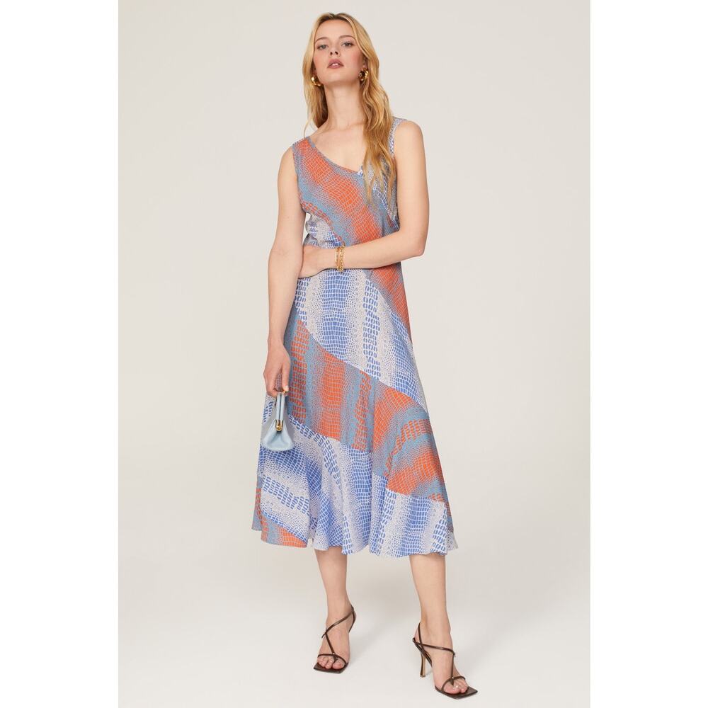 RTR Saunders Sz 2 Orange Blue Alligator Colorblock Print V-Neck Midi Dress